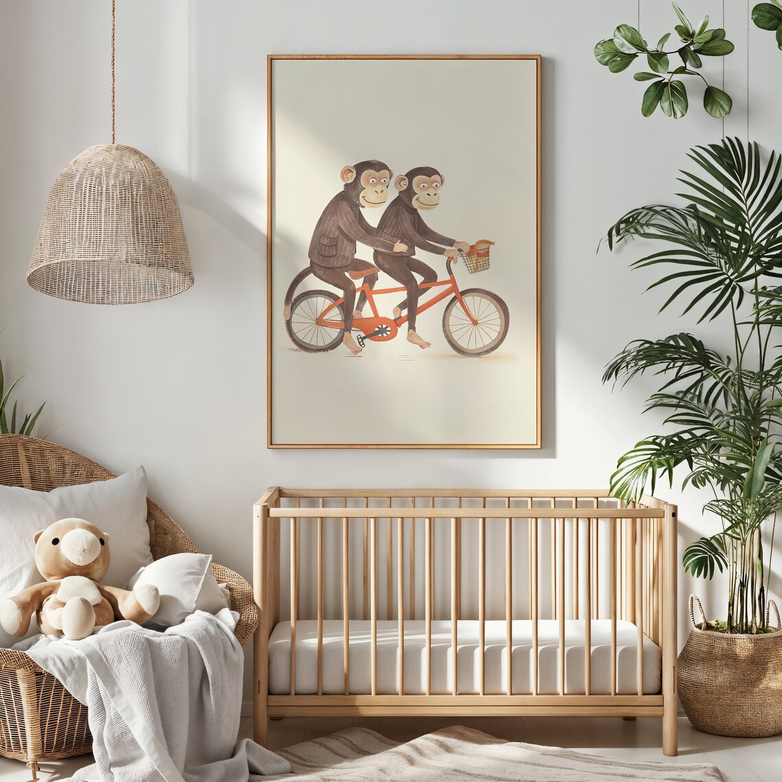 Two Monkeys Riding Tandem Bicycle Watercolor Nursery Kids Room Poster - Image 4