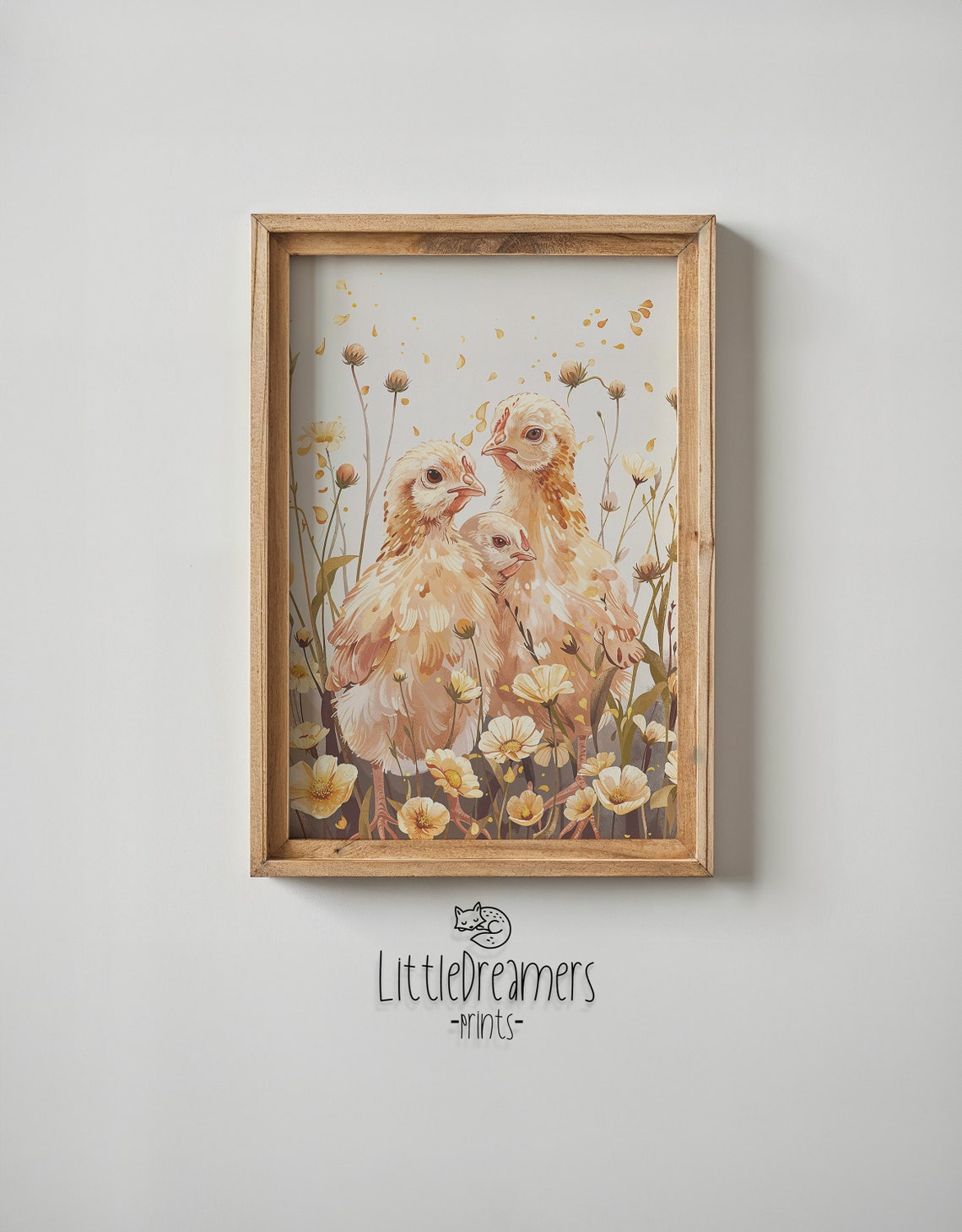 Three Baby Chicks Among Yellow Wildflowers Spring Watercolor Art Print