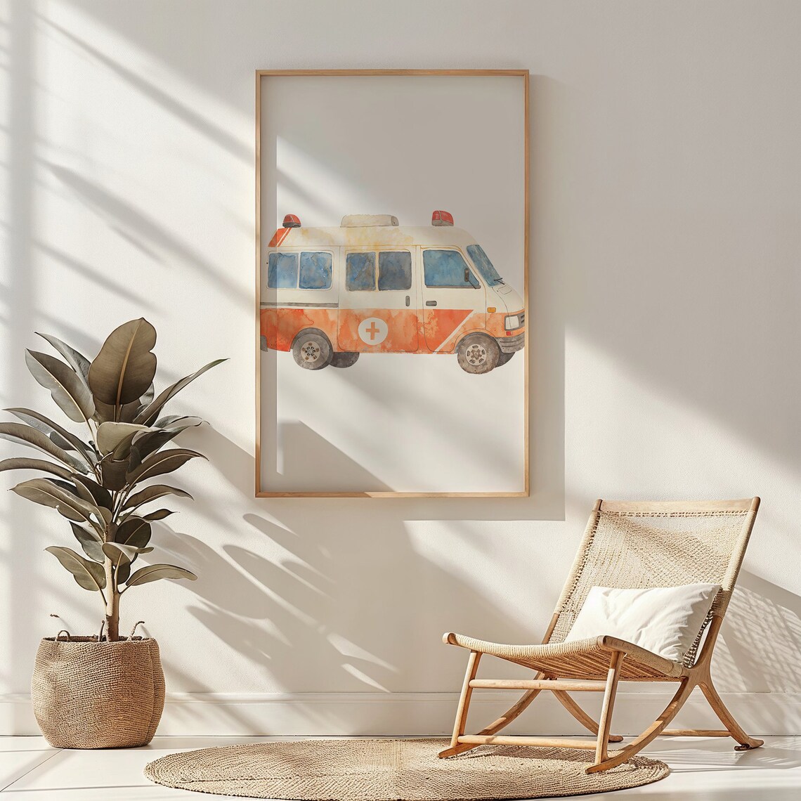 Red White Watercolor Ambulance Van Red Cross Kids Room Wall Poster