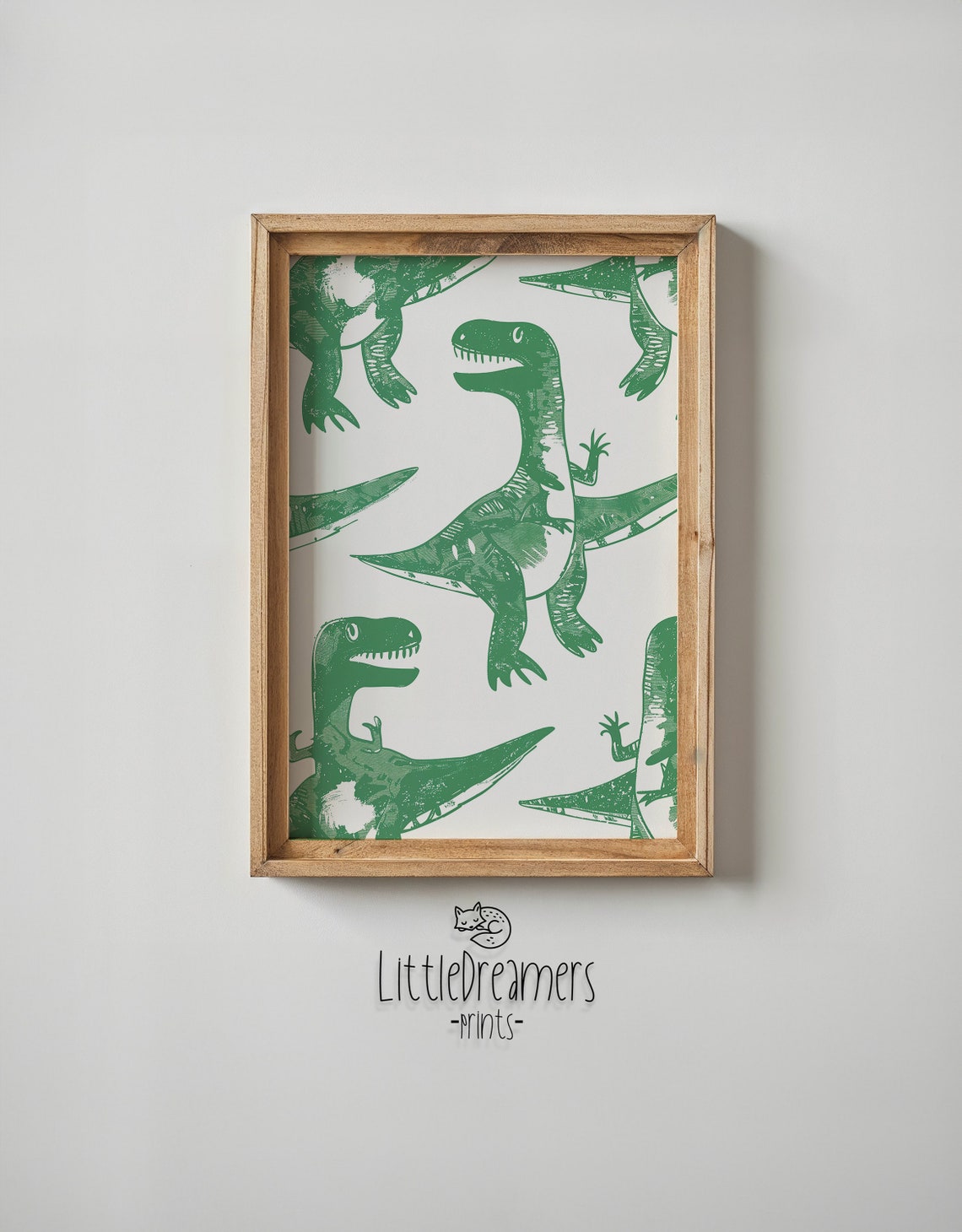 Bright Green Raptor Linocut Pattern White Nursery Kids Room Art Poster - Image 6