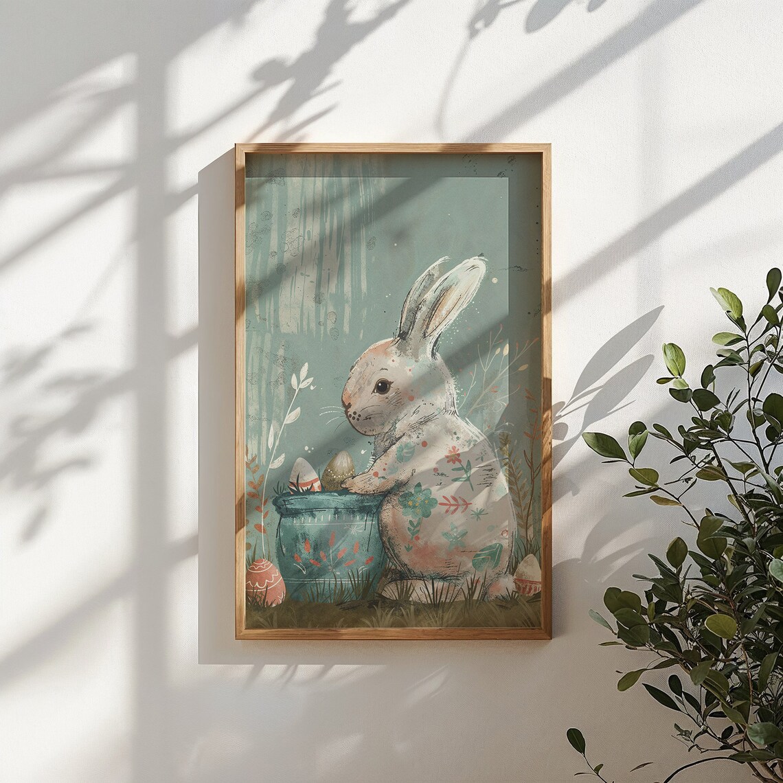Easter Bunny Art Print, Nursery Spring Rabbit With Eggs - Image 5