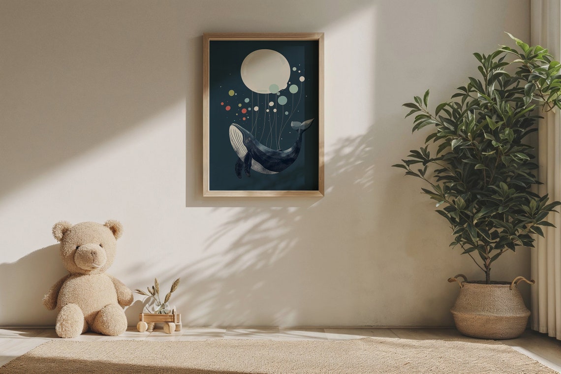 Humpback Whale Carried By Balloons Deep Teal Ocean Nursery Poster - Image 6