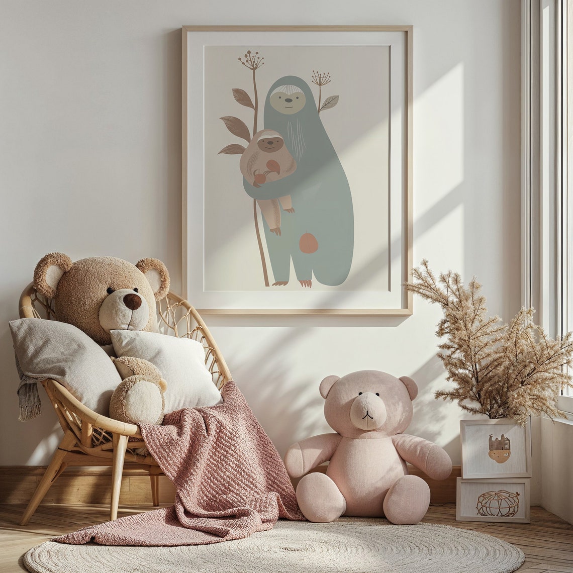 Mother And Baby Sloth Minimalist Neutral Tones Nursery Wall Art Poster - Image 4