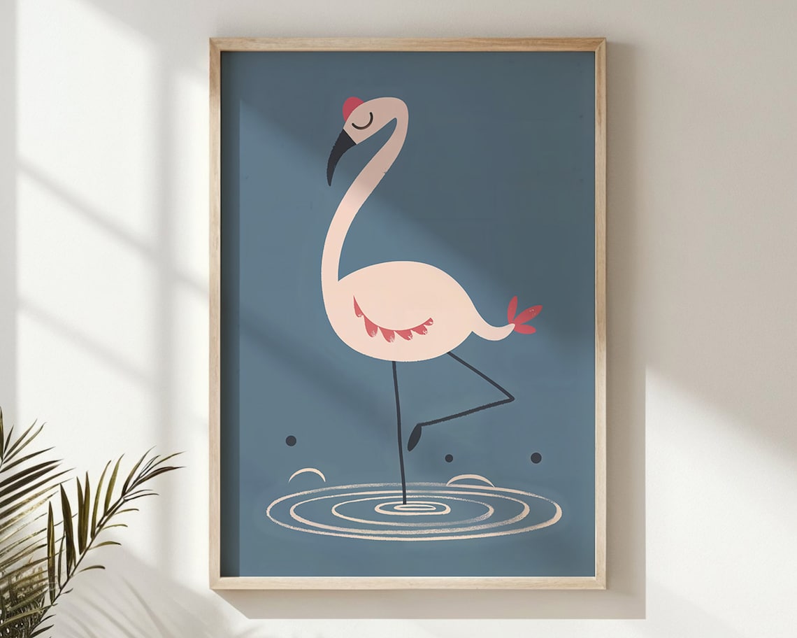 Pink Flamingo One Leg Water Ripples Dark Teal Kids Nursery Art Poster