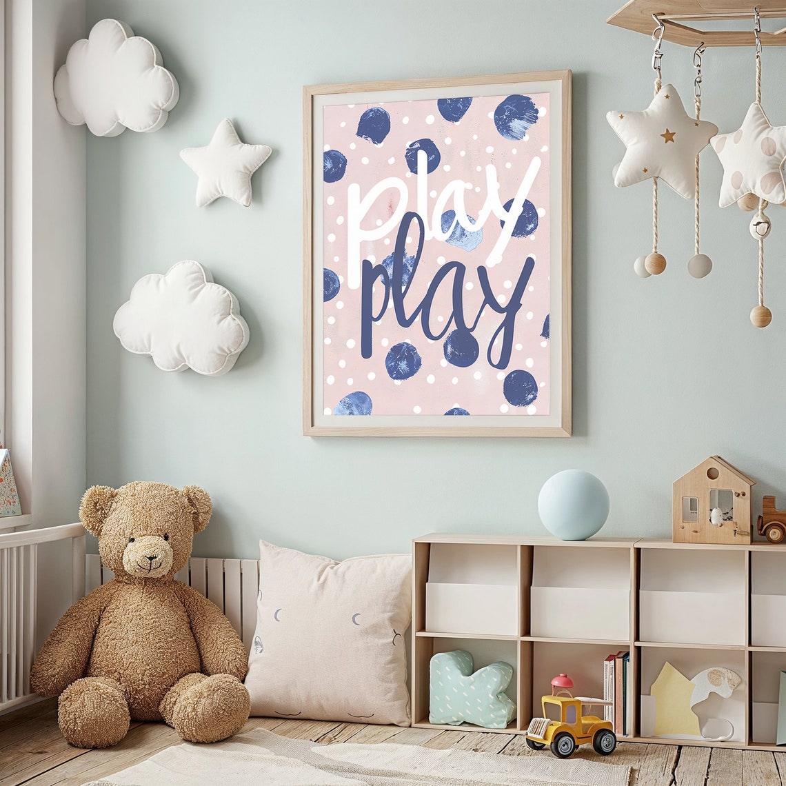 Play Play Pink Navy Polka Dot Typography Kids Room Nursery Poster - Image 2