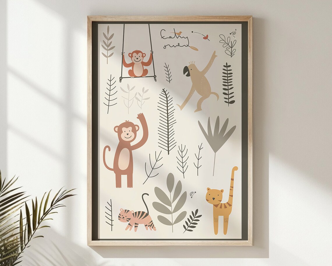 Jungle Monkeys Tigers Nursery Poster Botanical Leaves Kids Safari Art - Image 6
