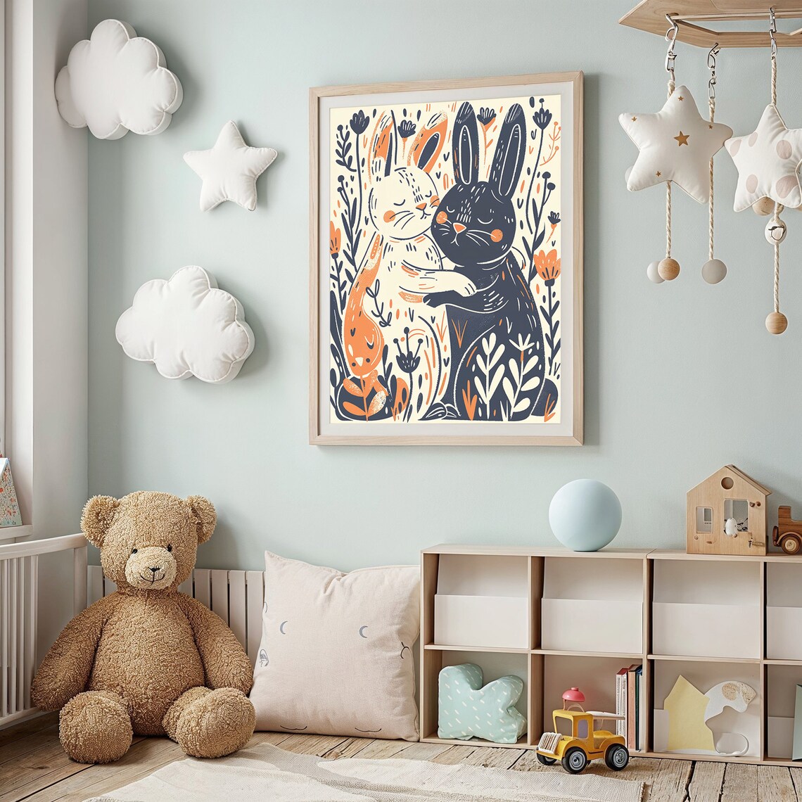 Two Bunnies Hugging Floral Illustration Whimsical Easter Wall Art Poster - Image 2