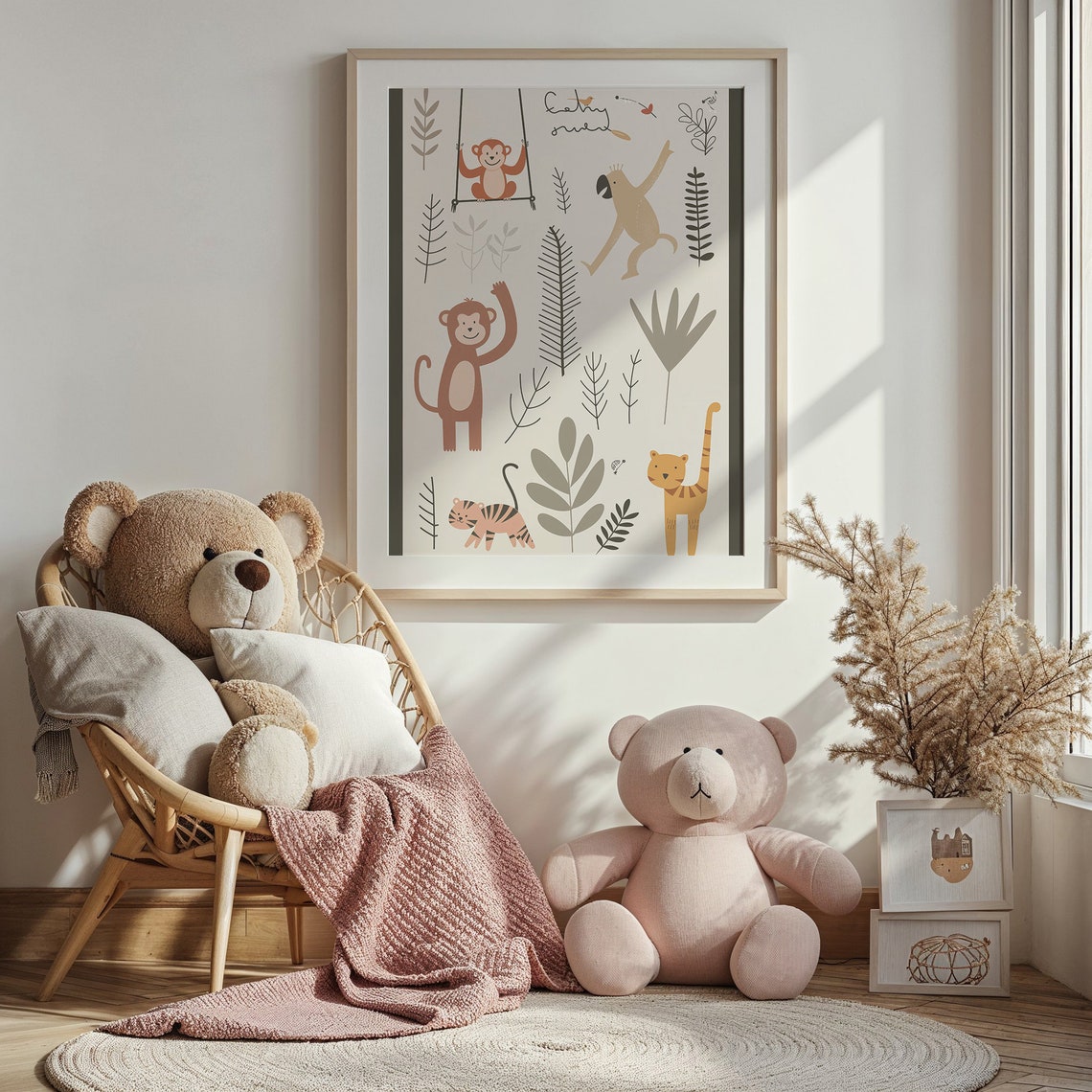 Jungle Monkeys Tigers Nursery Poster Botanical Leaves Kids Safari Art - Image 3