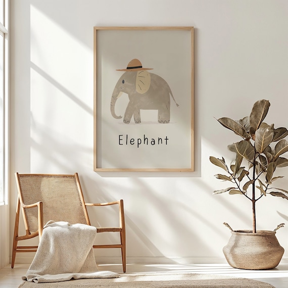 Elephant Wearing Safari Hat Cream Kids Nursery Bedroom Art Poster
