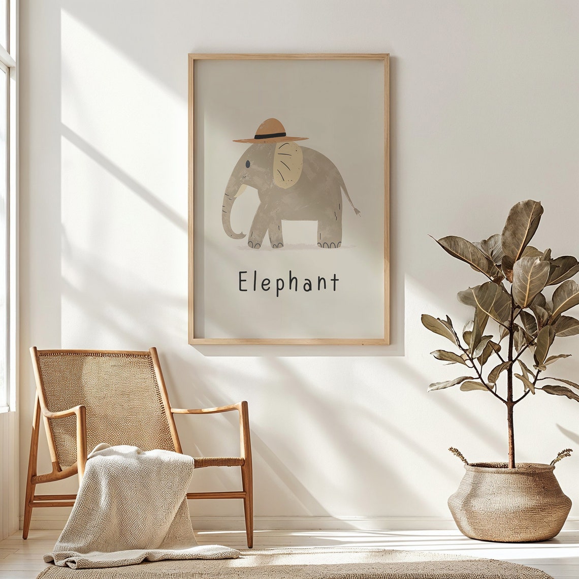 Elephant Wearing Safari Hat Cream Kids Nursery Bedroom Art Poster