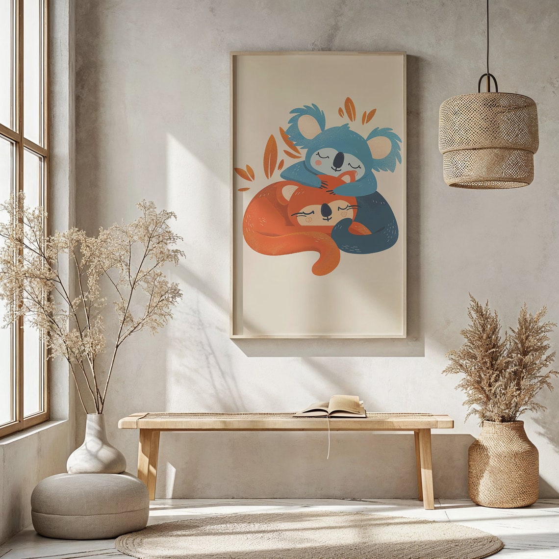 Sleeping Koala Fox Cuddle Pair Cozy Friends Illustration Kids Poster