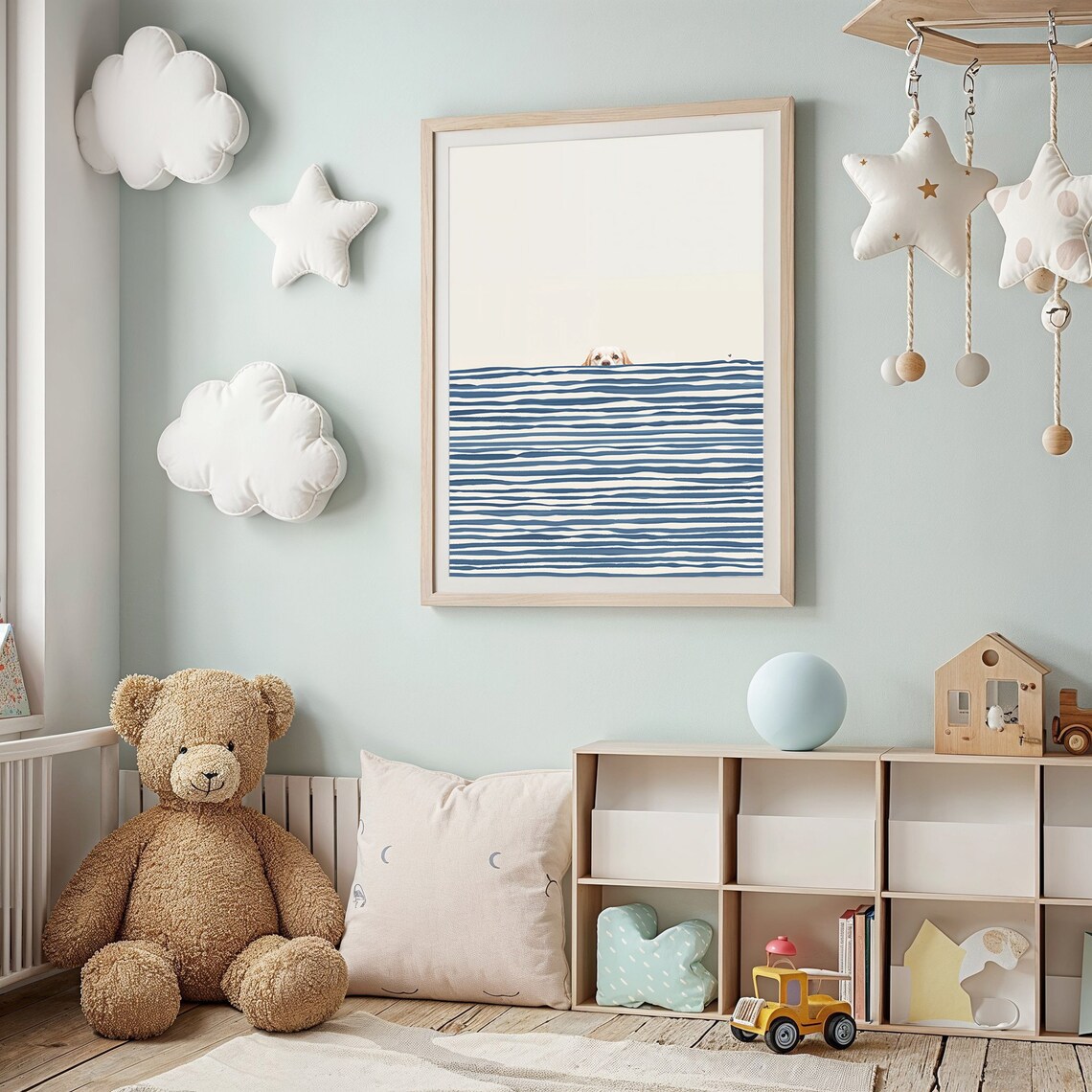 Peeking Puppy, Navy Stripes Nursery Art Print - Image 2