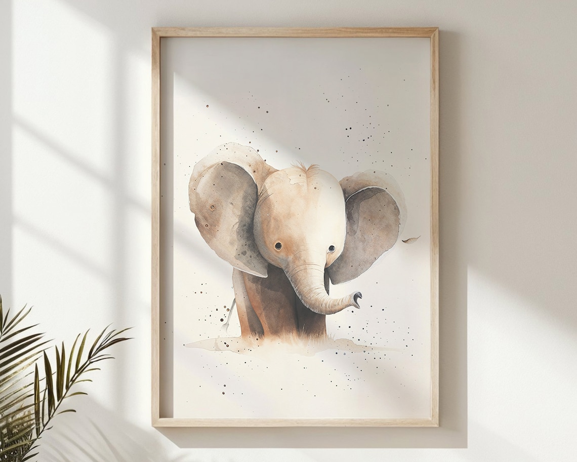 Baby Elephant Watercolor Soft Beige Safari Nursery Wall Decor Poster