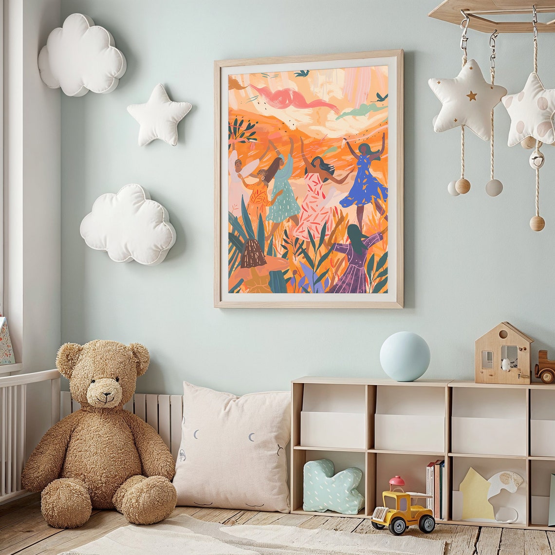 Joyful Women Dancing Garden Warm Tones Kids Room Wall Art Poster - Image 2