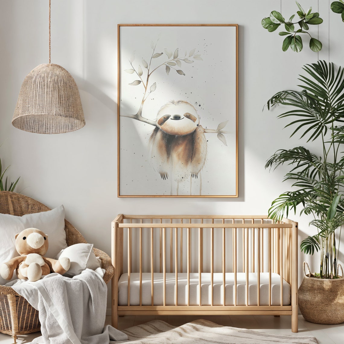 Smiling Sloth Hanging On Branch Watercolor Whimsical Kids Art Poster - Image 2