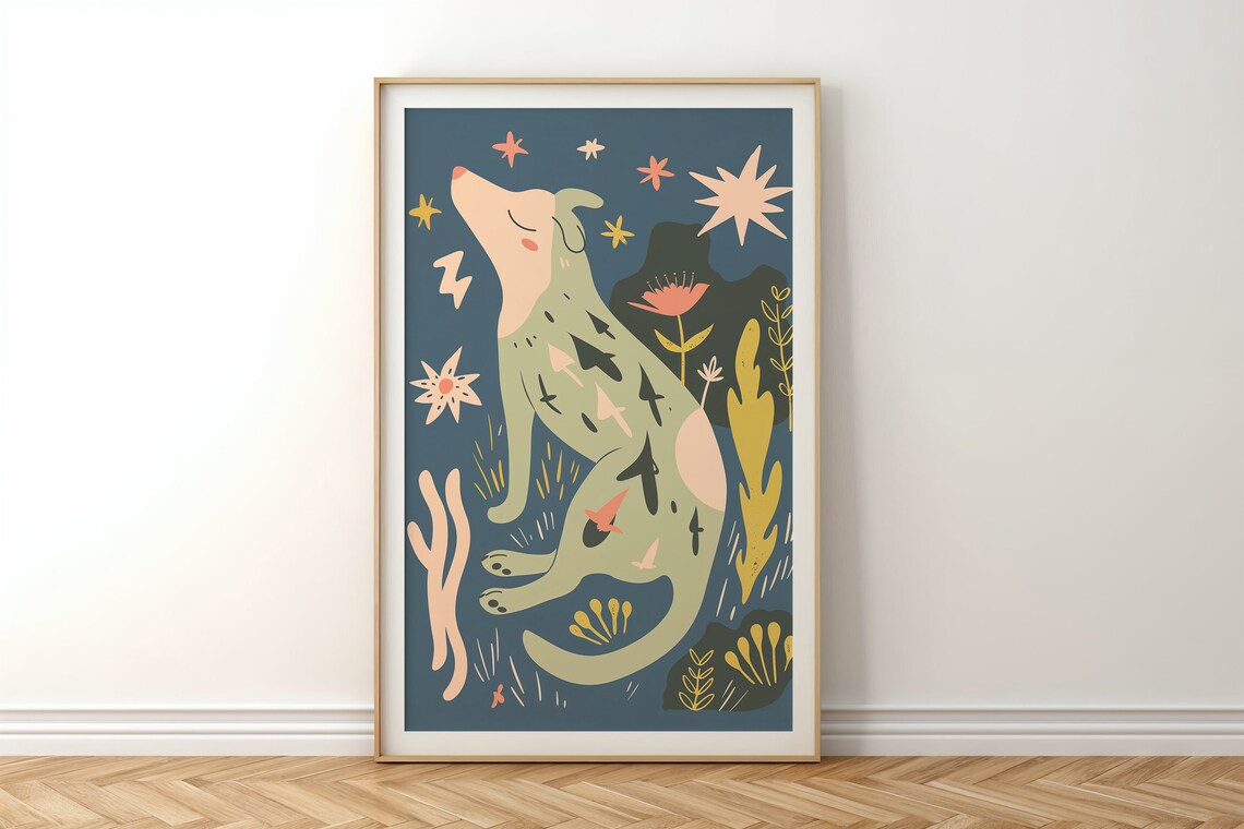 Howling Dog Night Stars Dreamy Celestial Folk Animal Wall Poster - Image 6