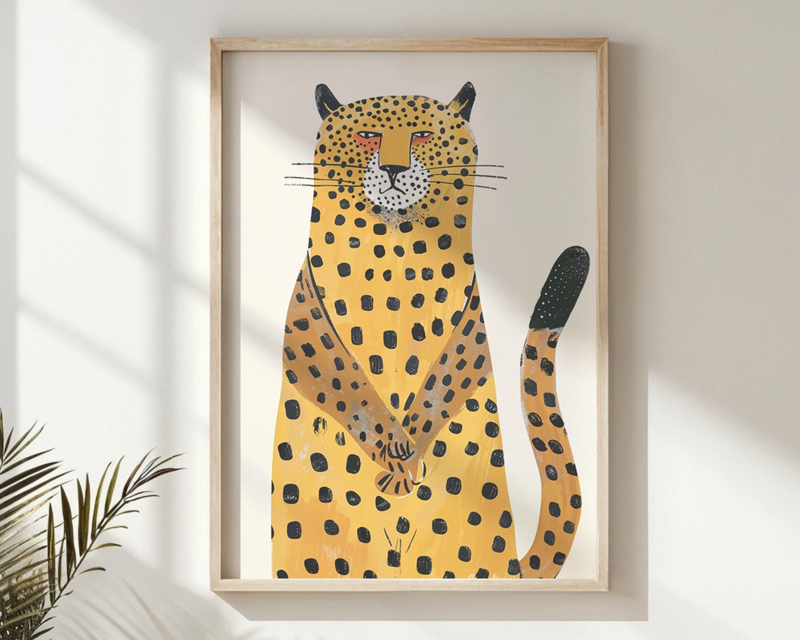 Whimsical Sitting Cheetah Illustrated Spotted Kids Safari Art Poster