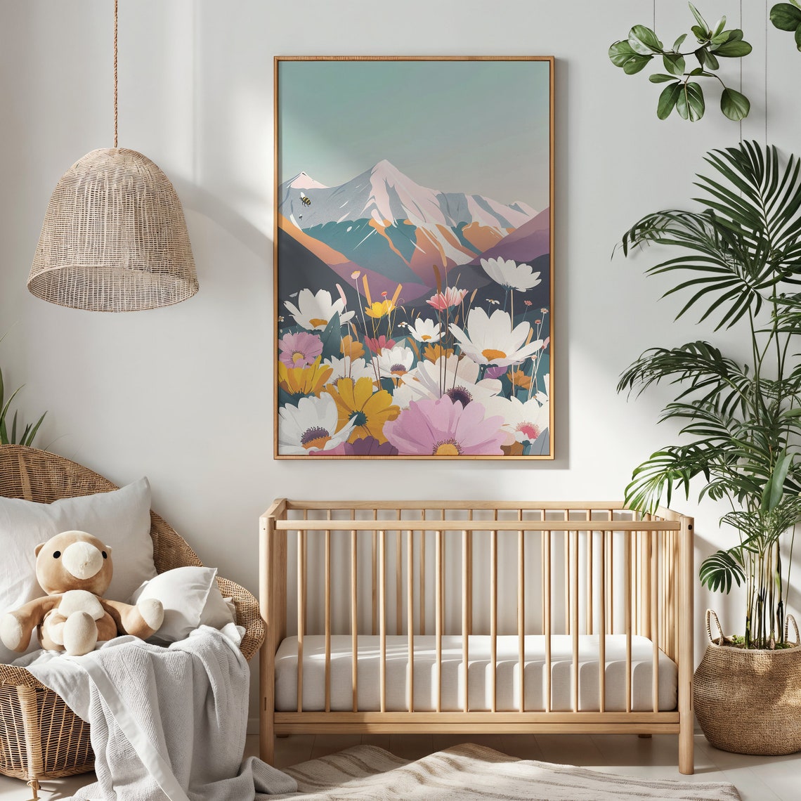Snowcapped Mountain Wildflower Meadow Daisy Bloom Nature Wall Poster - Image 3