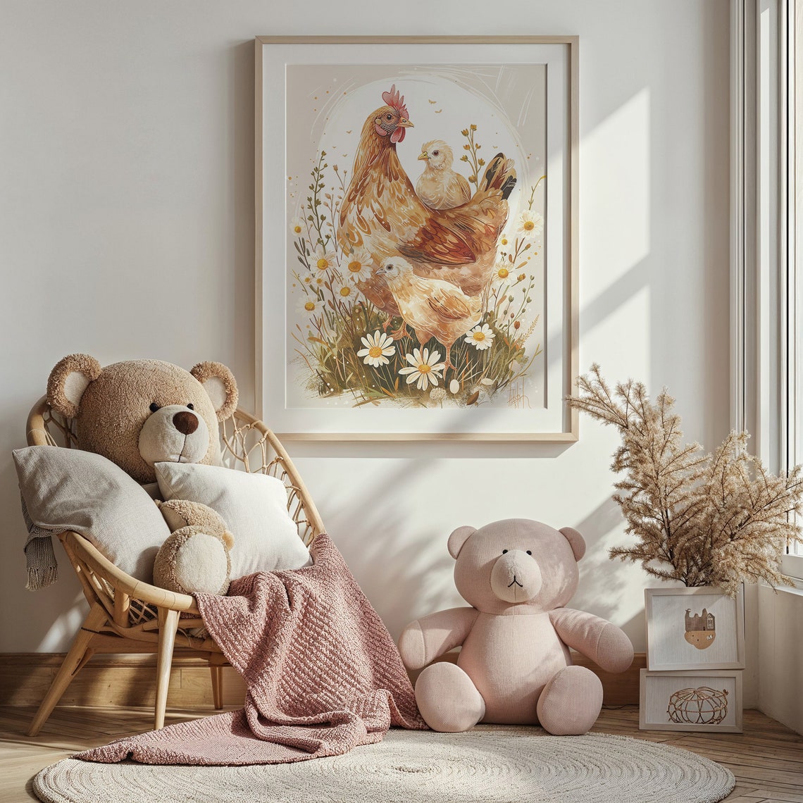 Hen And Baby Chicks Daisy Meadow Watercolor Farmhouse Nursery Poster - Image 3