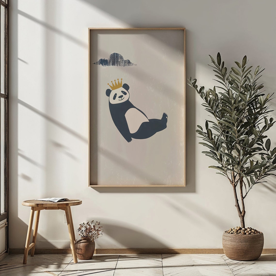Navy Panda Gold Crown Minimalist Beige Neutral Kids Room Wall Poster