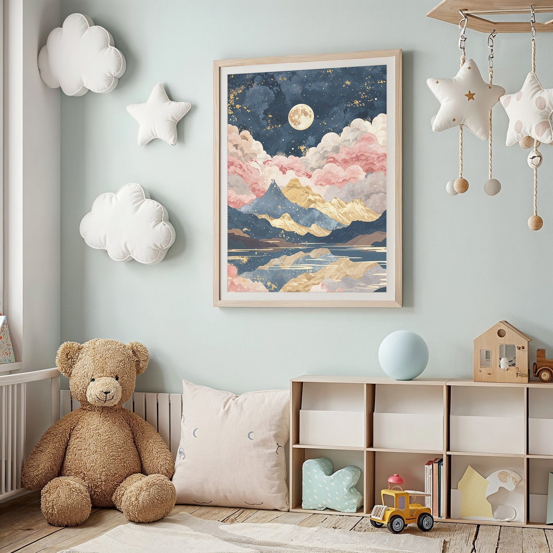 Moonlit Mountain Landscape Art Print Celestial Nursery Wall Art Kids Room Poster Stars And Moon Decor Gift - Image 2
