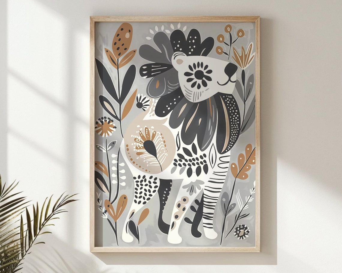 Whimsical Tiger Nursery Poster Folk Art Safari Neutral Tones Wall Art