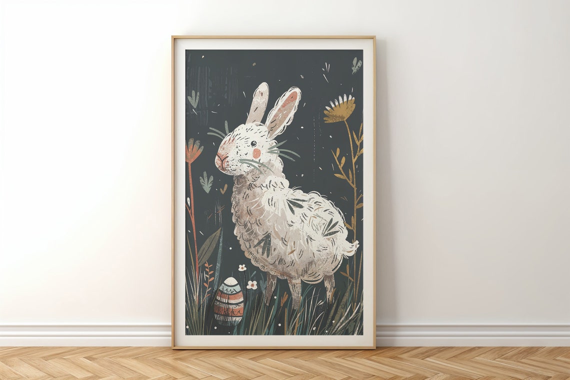White Bunny Night Meadow Flowers Decorated Egg Storybook Poster - Image 6
