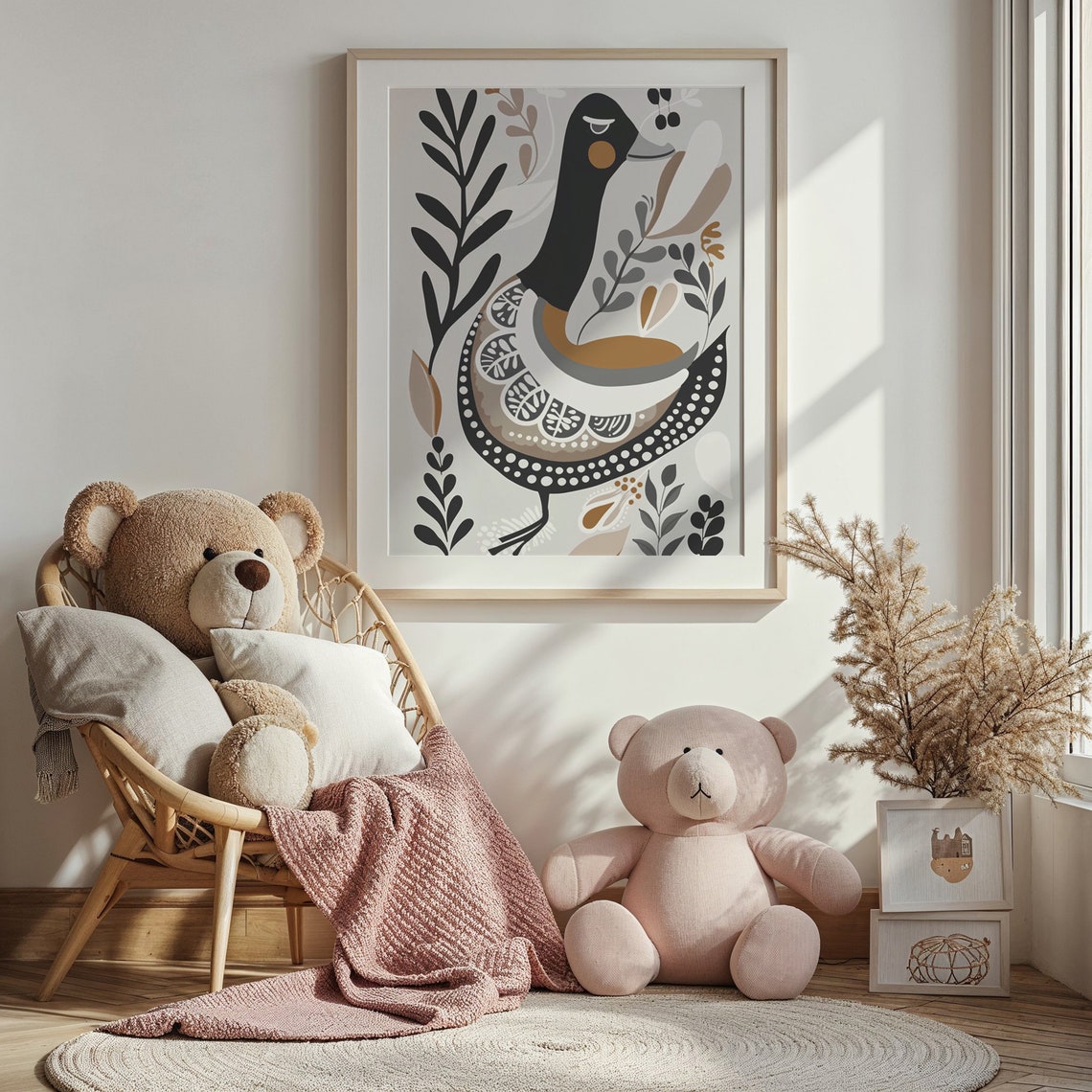 Folk Art Duck Nursery Poster Scandinavian Black Tan Botanical Print - Image 5