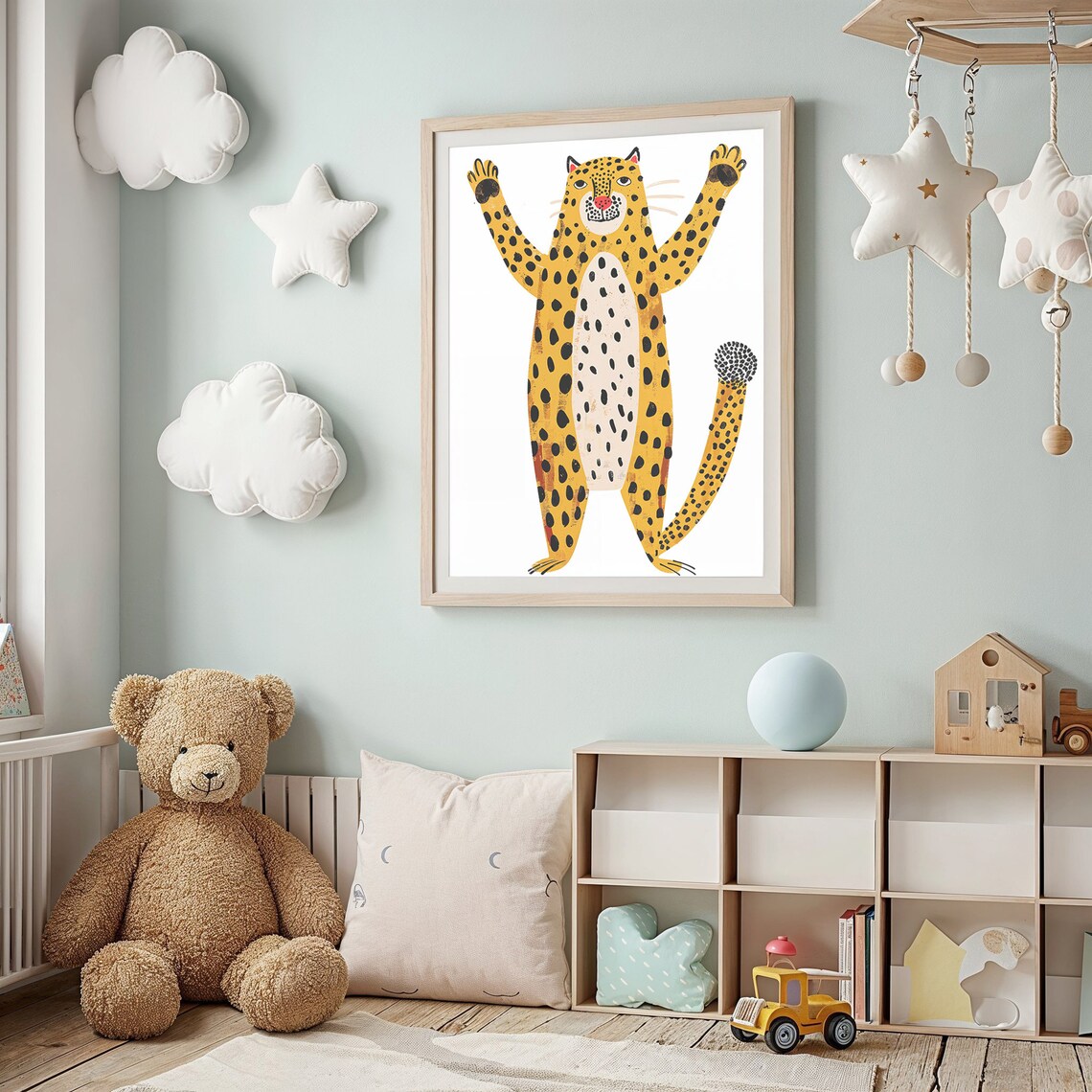 Happy Waving Cheetah Arms Up Playful Jungle Safari Kids Art Poster - Image 3