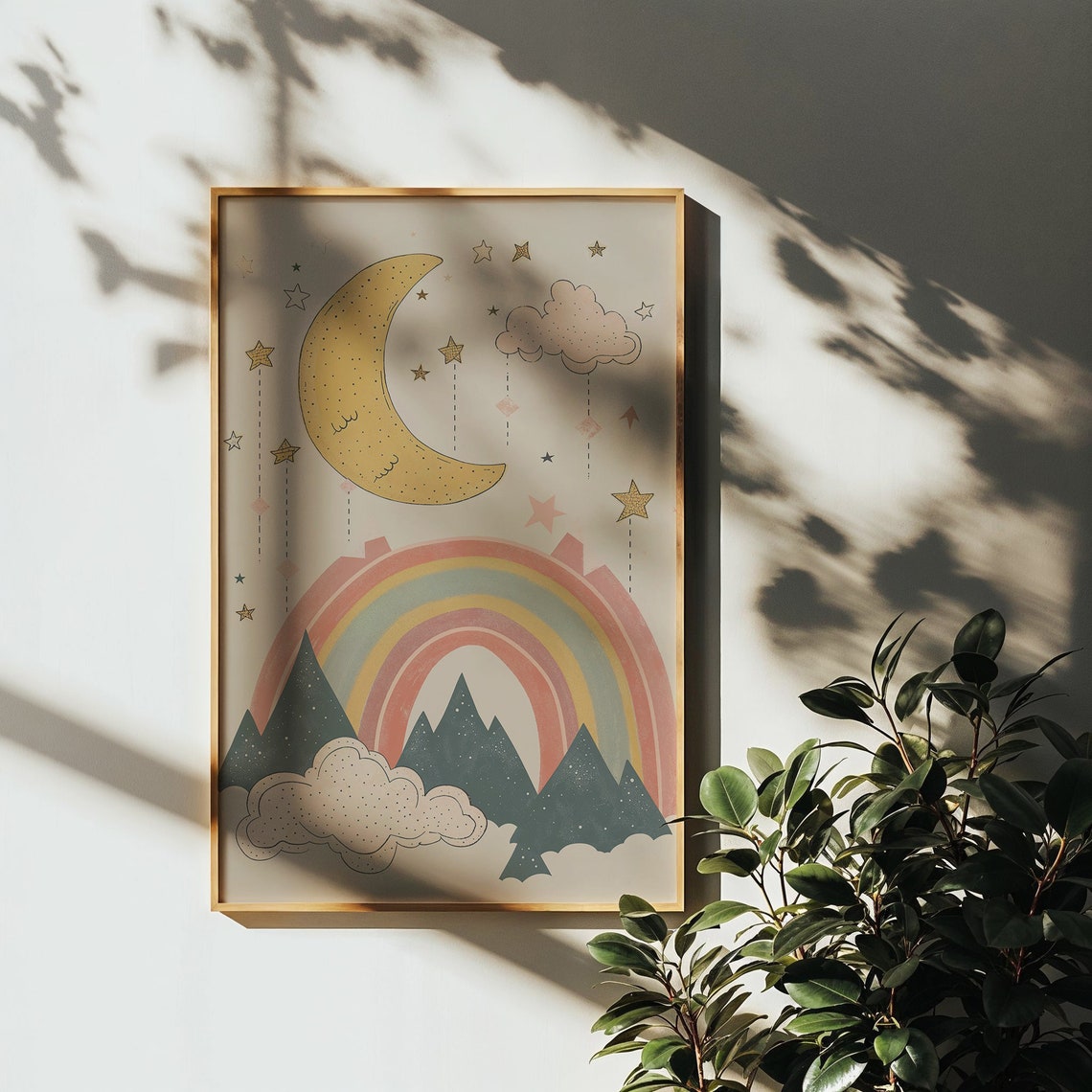Pastel Rainbow And Moon Print Nursery Wall Art Mountain Scene Kids Posters Decor Instant Night Sky Illustration - Image 4