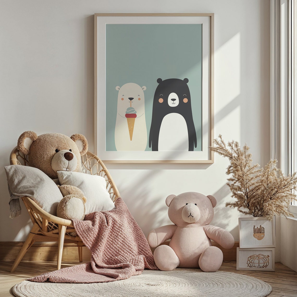 Two Bears Friends Ice Cream Cone Mint Background Kids Room Poster - Image 2
