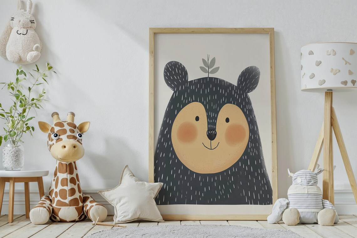 Cheerful Black Bear Cub Face Mustard Cheeks Modern Minimal Nursery Poster - Image 2