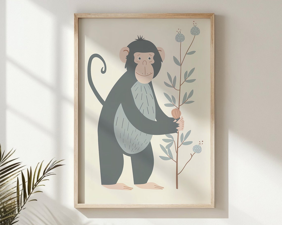 Smiling Monkey Holding Plant Branch Minimalist Nursery Wall Art Poster