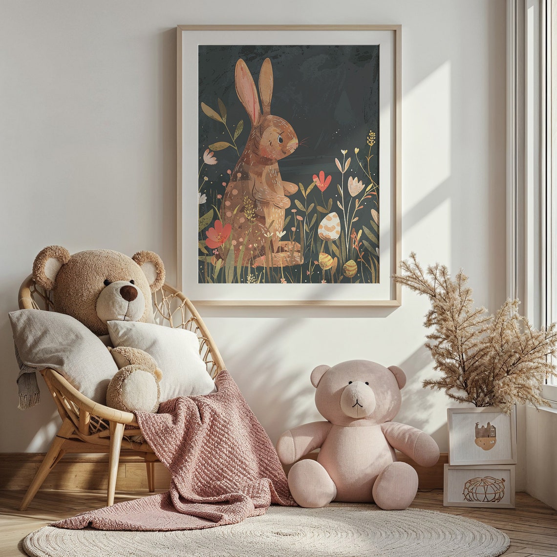 Brown Bunny Standing Dark Meadow Daisies Easter Eggs Folk Poster - Image 3
