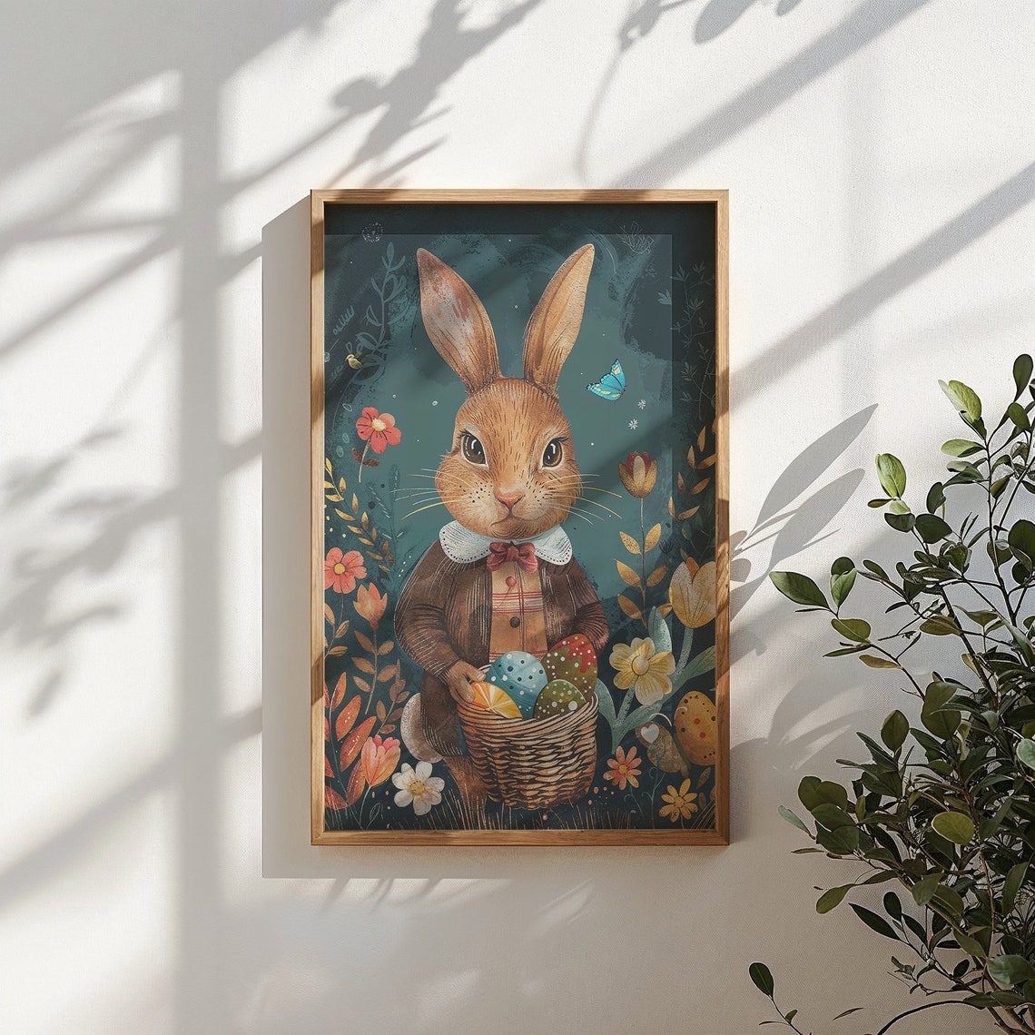 Dapper Brown Bunny Bow Tie Egg Basket Dark Floral Easter Poster - Image 5