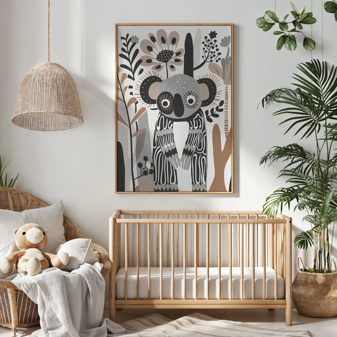 Monochrome Koala Folk Art Nursery Poster Black White Botanical Print - Image 3