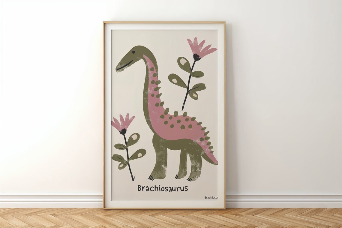Brachiosaurus Dinosaur Pink Spots Flowers Kids Room Wall Art Poster - Image 5
