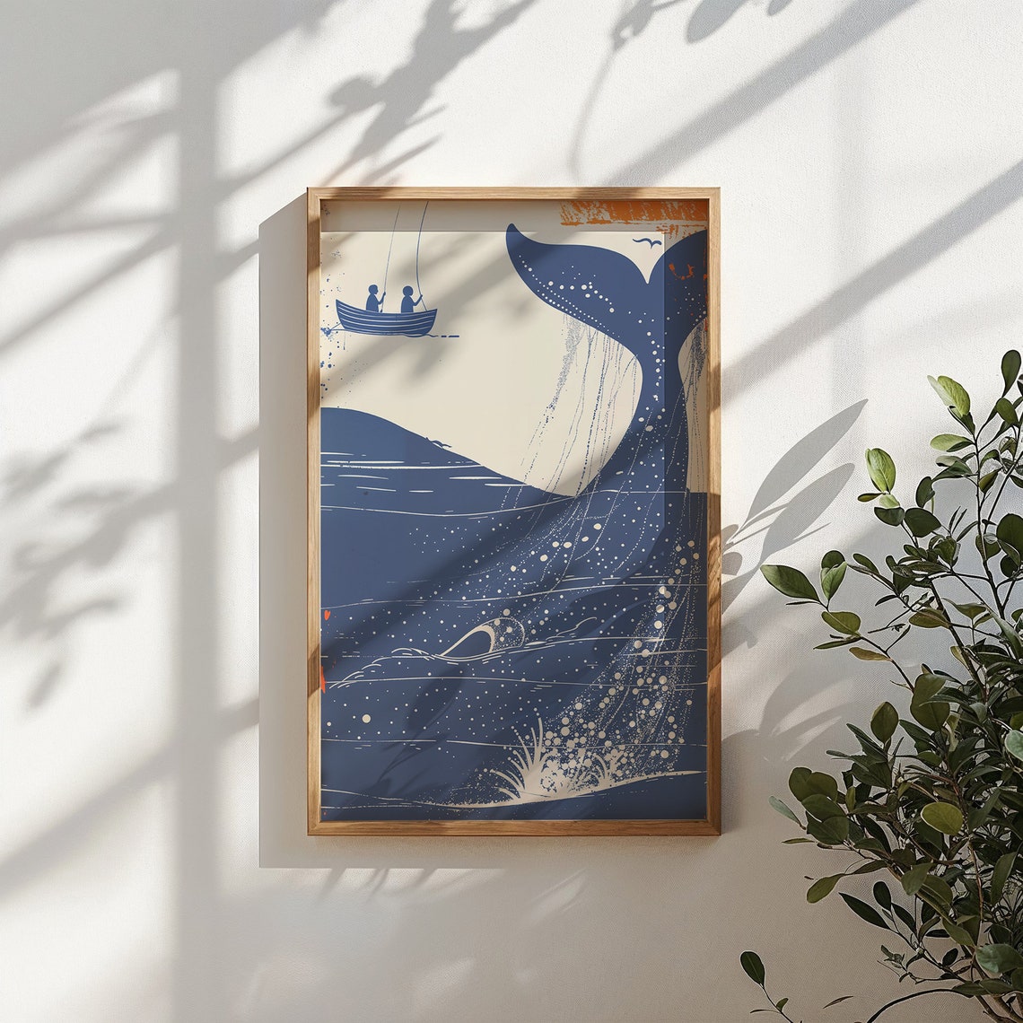 Whale Tail Diving Fishing Boat Deep Blue Orange Nautical Art Poster - Image 6
