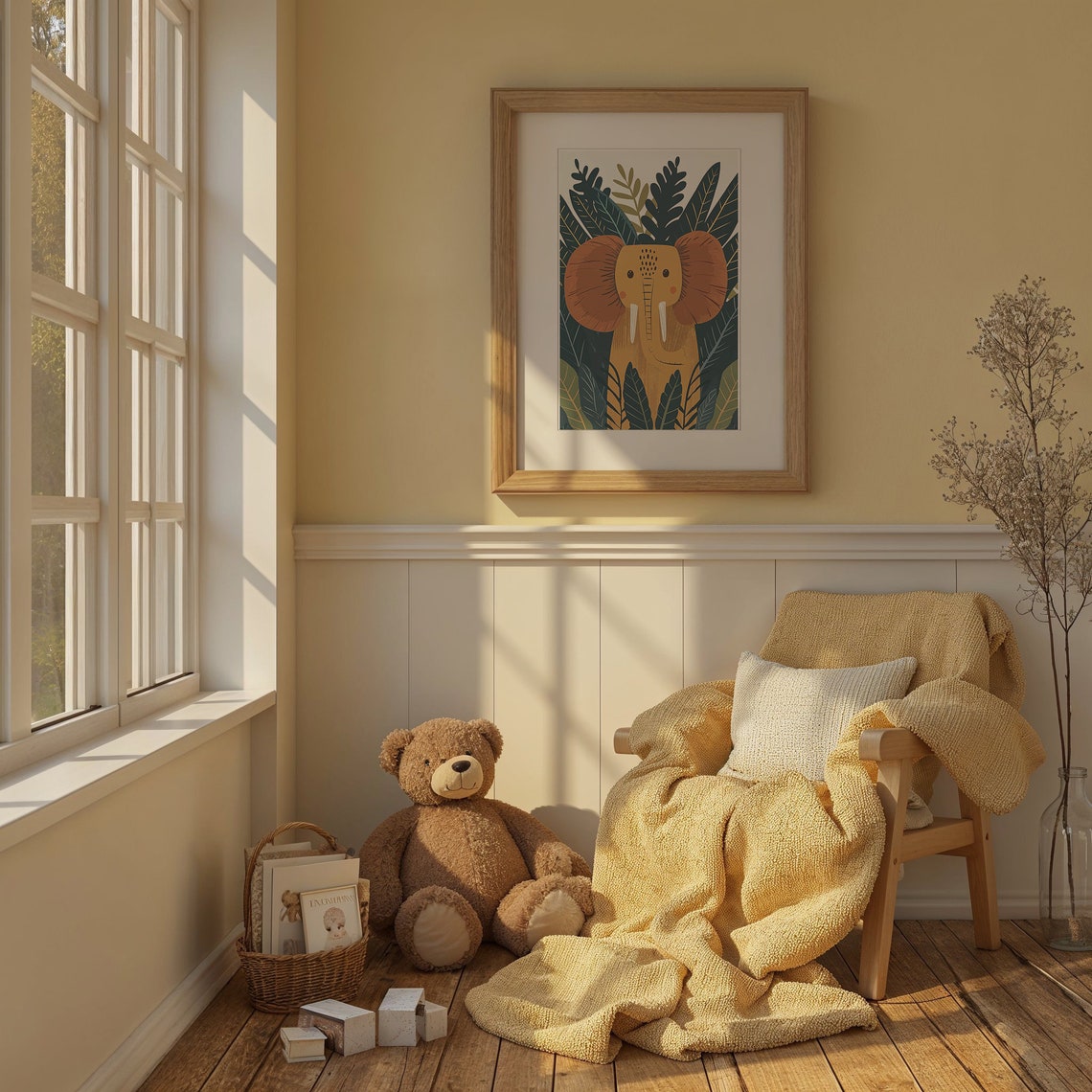 Mustard Elephant Face Front Dark Jungle Foliage Nursery Poster - Image 3