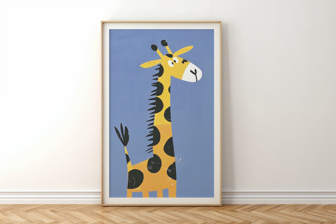 Playful Yellow Giraffe Cartoon Illustration Nursery Kids Room Animal Poster - Image 4