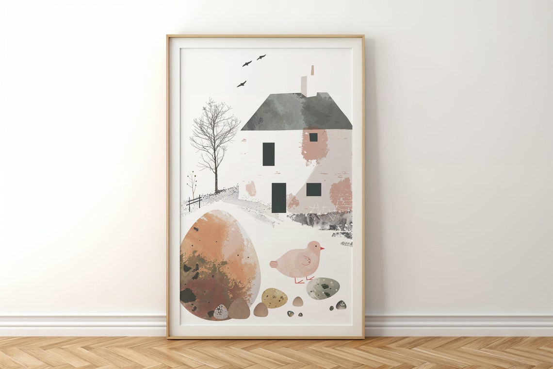 Easter Egg And Birdhouse Abstract Watercolor Minimal Spring Wall Art
