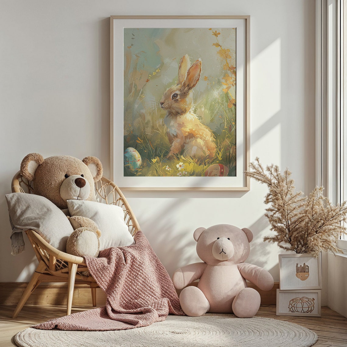 Golden Bunny Profile Painterly Spring Meadow Painted Egg Kids Poster - Image 3