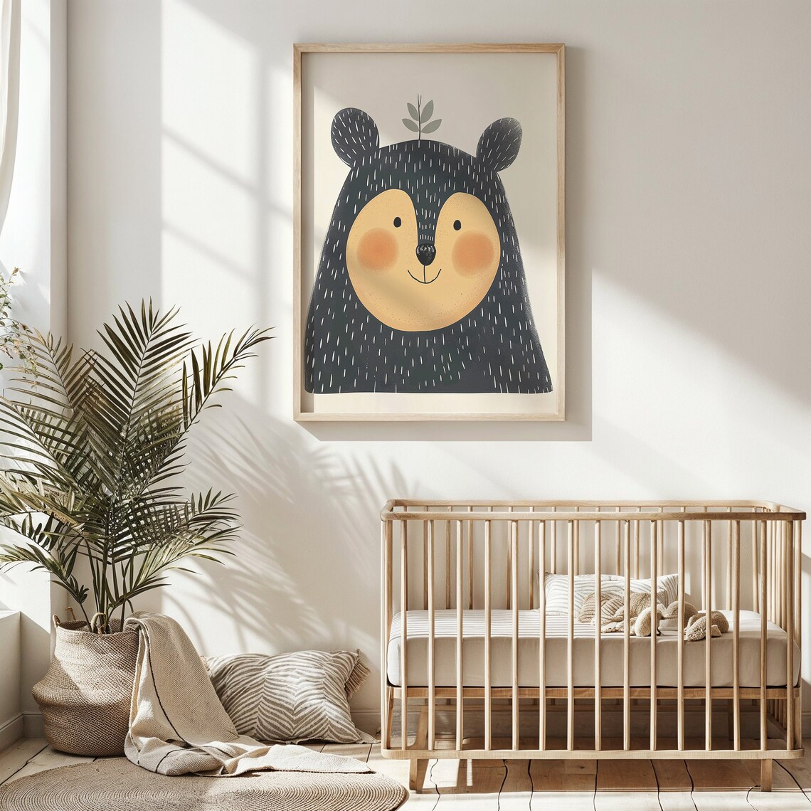 Cheerful Black Bear Cub Face Mustard Cheeks Modern Minimal Nursery Poster