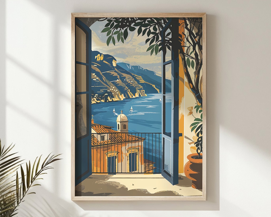 Mediterranean Balcony Sea View Window Coast Mountains Travel Poster