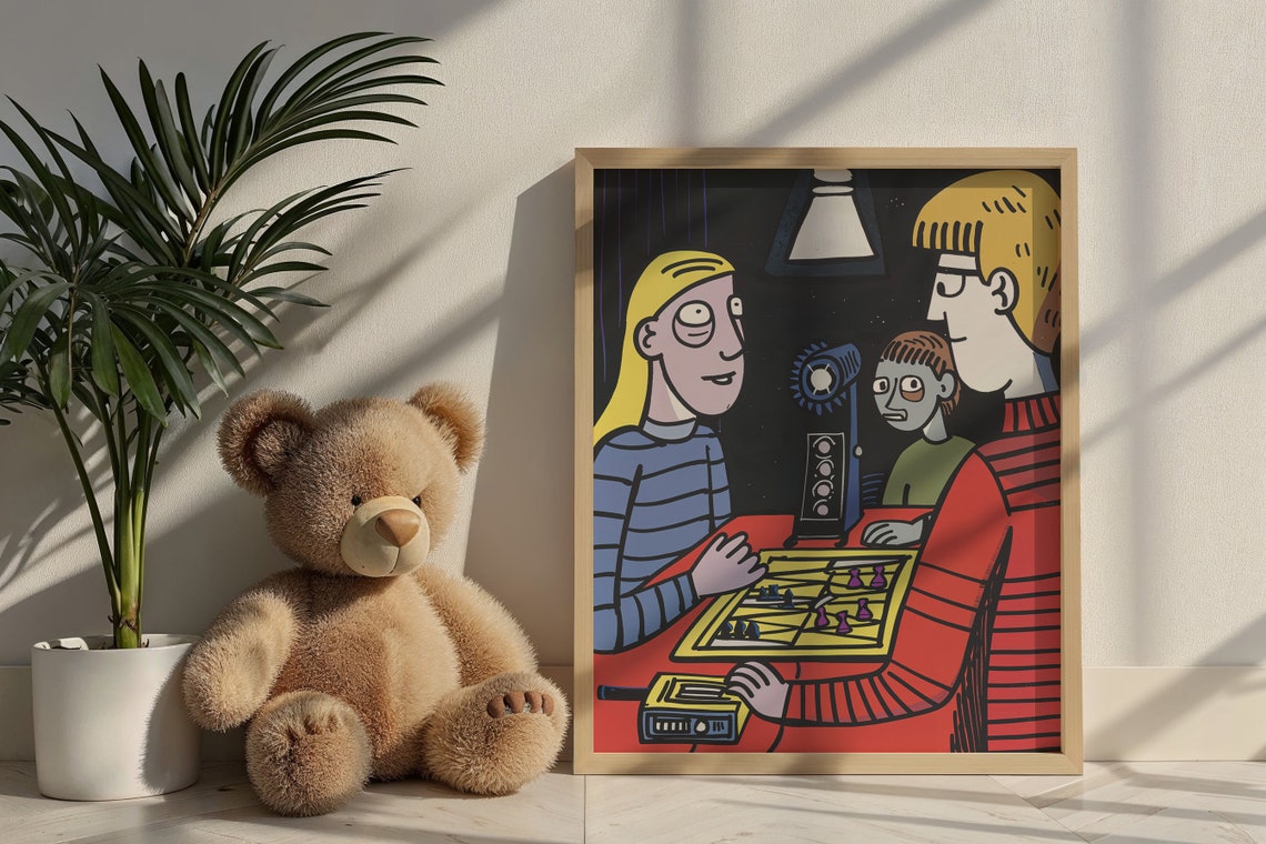 Family Foosball Game Night Fun Cartoon Playroom Wall Art Poster