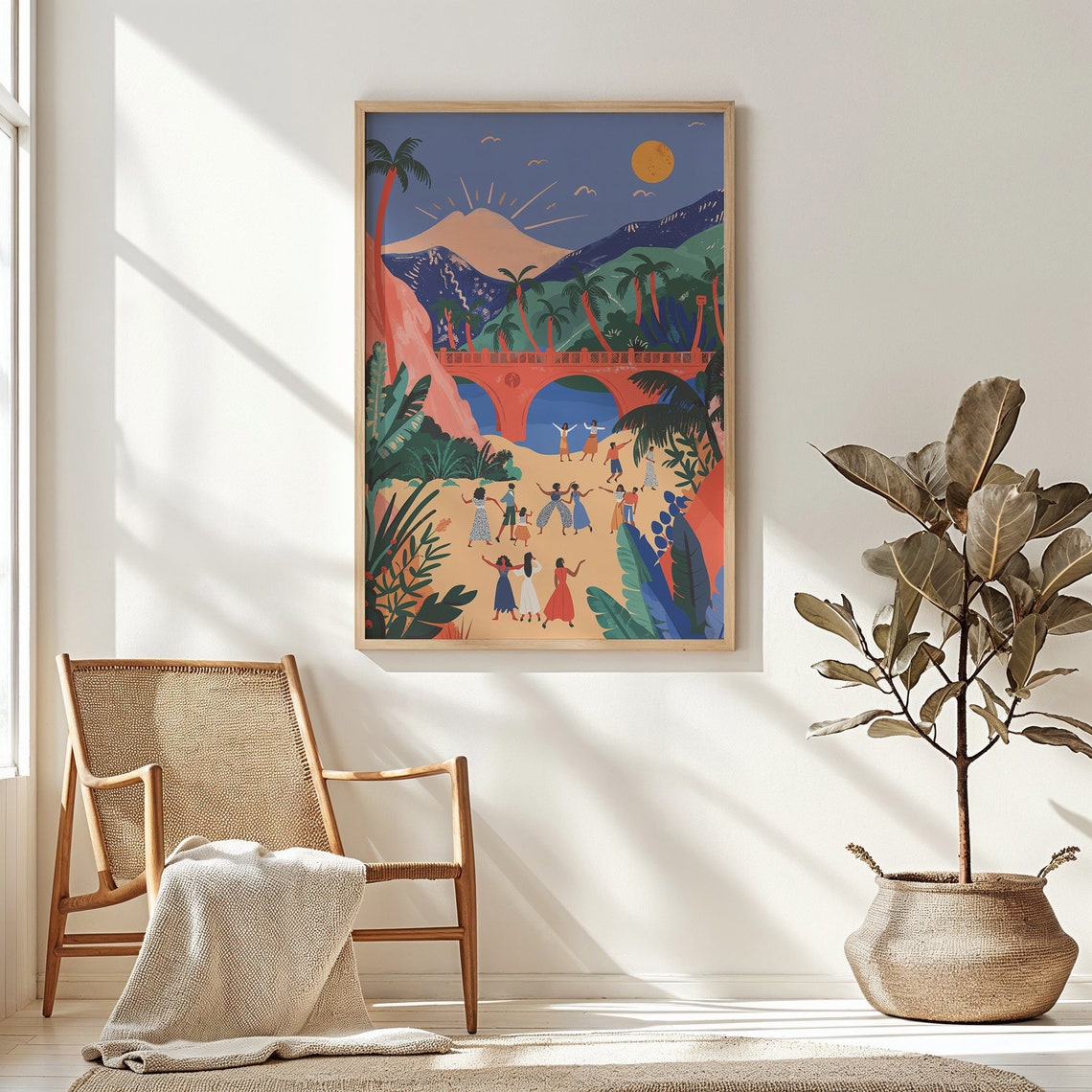 Tropical Beach Dancers Red Bridge Palm Volcano Kids Wall Art Poster
