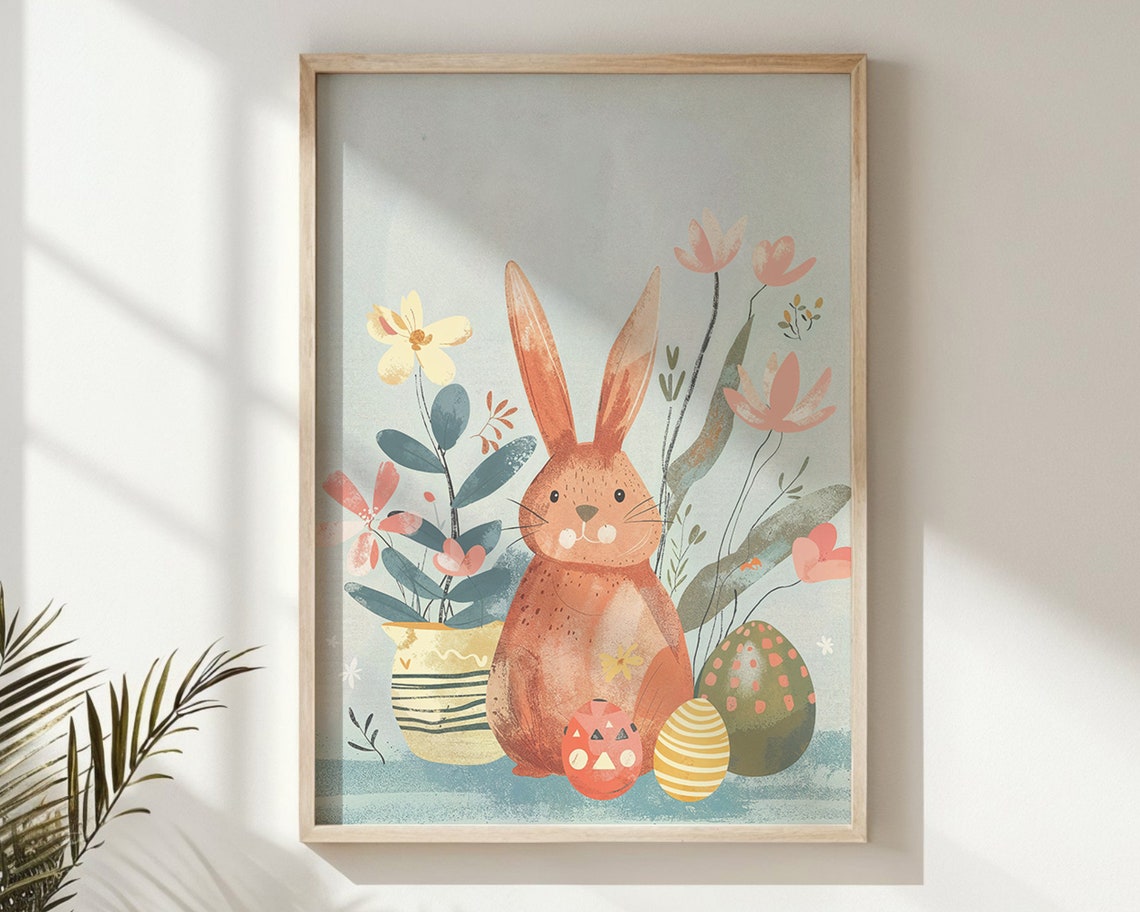 Orange Bunny With Easter Eggs And Flowers Pastel Spring Art Print