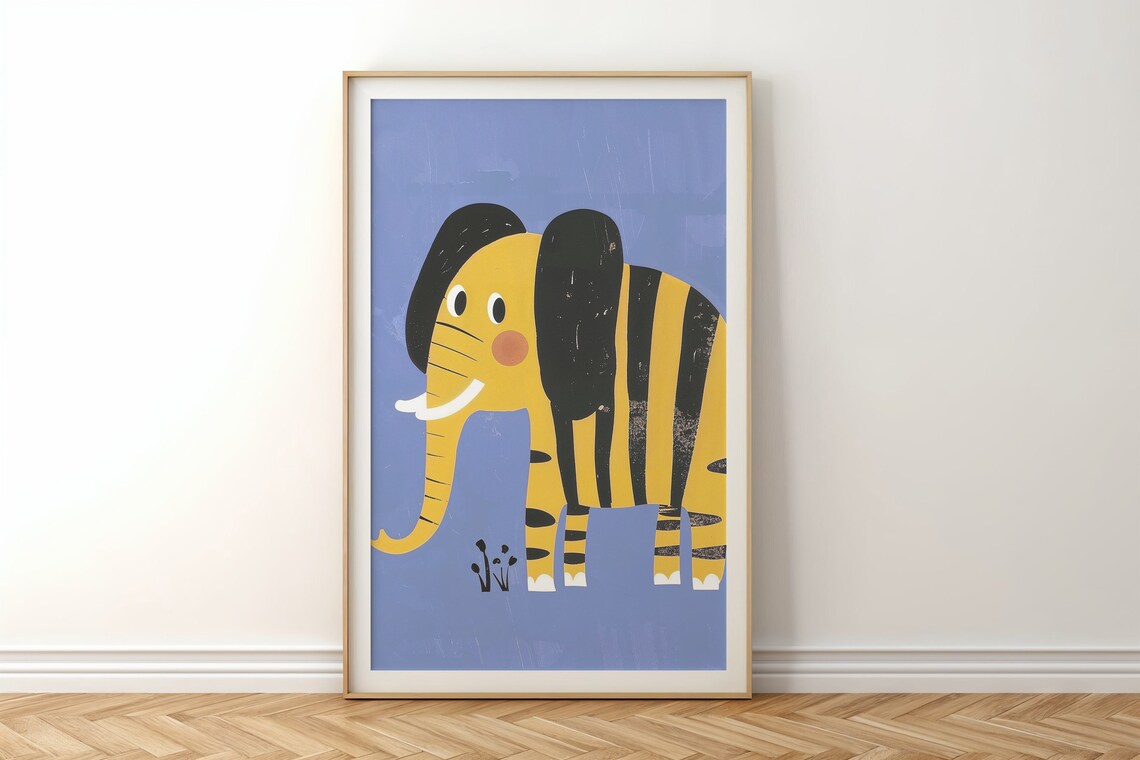 Cute Yellow Elephant Cartoon Illustration Nursery Kids Room Animal Poster - Image 4