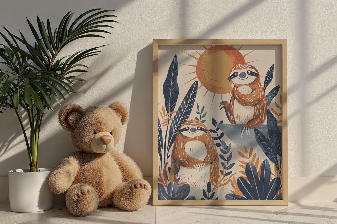 Two Sloths Sun Nursery Poster Jungle Foliage Playful Kids Room Art - Image 5