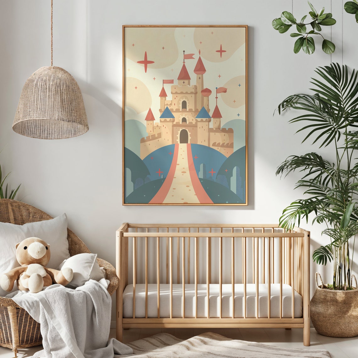 Fairytale Castle Red Blue Spires Coral Road Muted Retro Kids Poster - Image 3